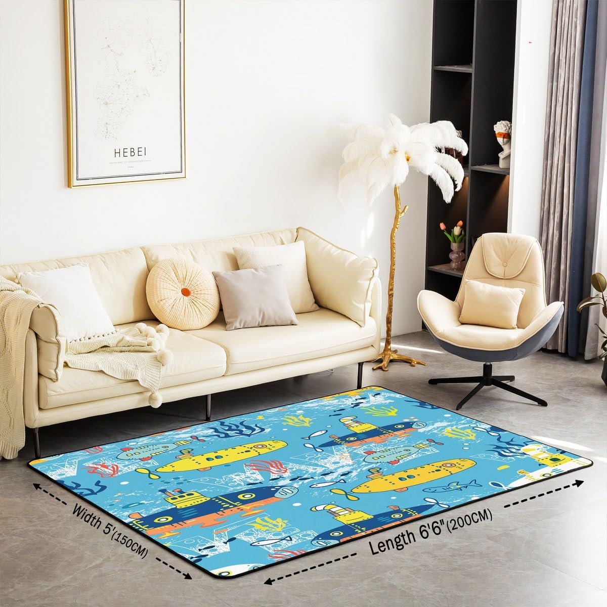 Feelyou Sailboat Area Rug 3x5 Kids Ocean Creature Submarine Decorative Rug for Boys Girls Teens Marine Animals Living Room Rugs Summer Blue Sea Adventure Indoor Floor Mat Room Decor