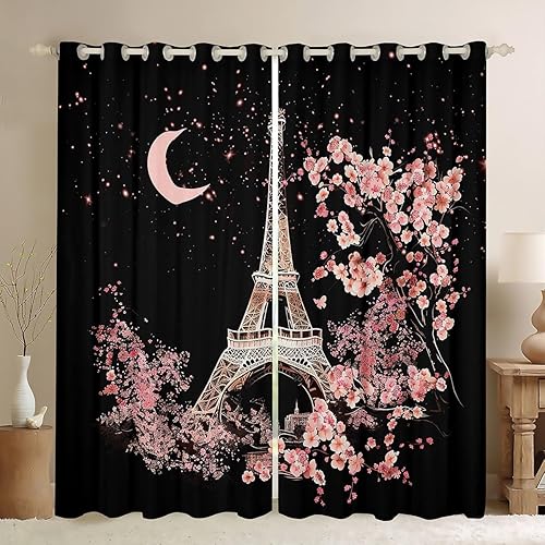 Pink Cherry Blossoms Window Curtains,Eiffel Tower Curtain,Romantic Starry Sky Window