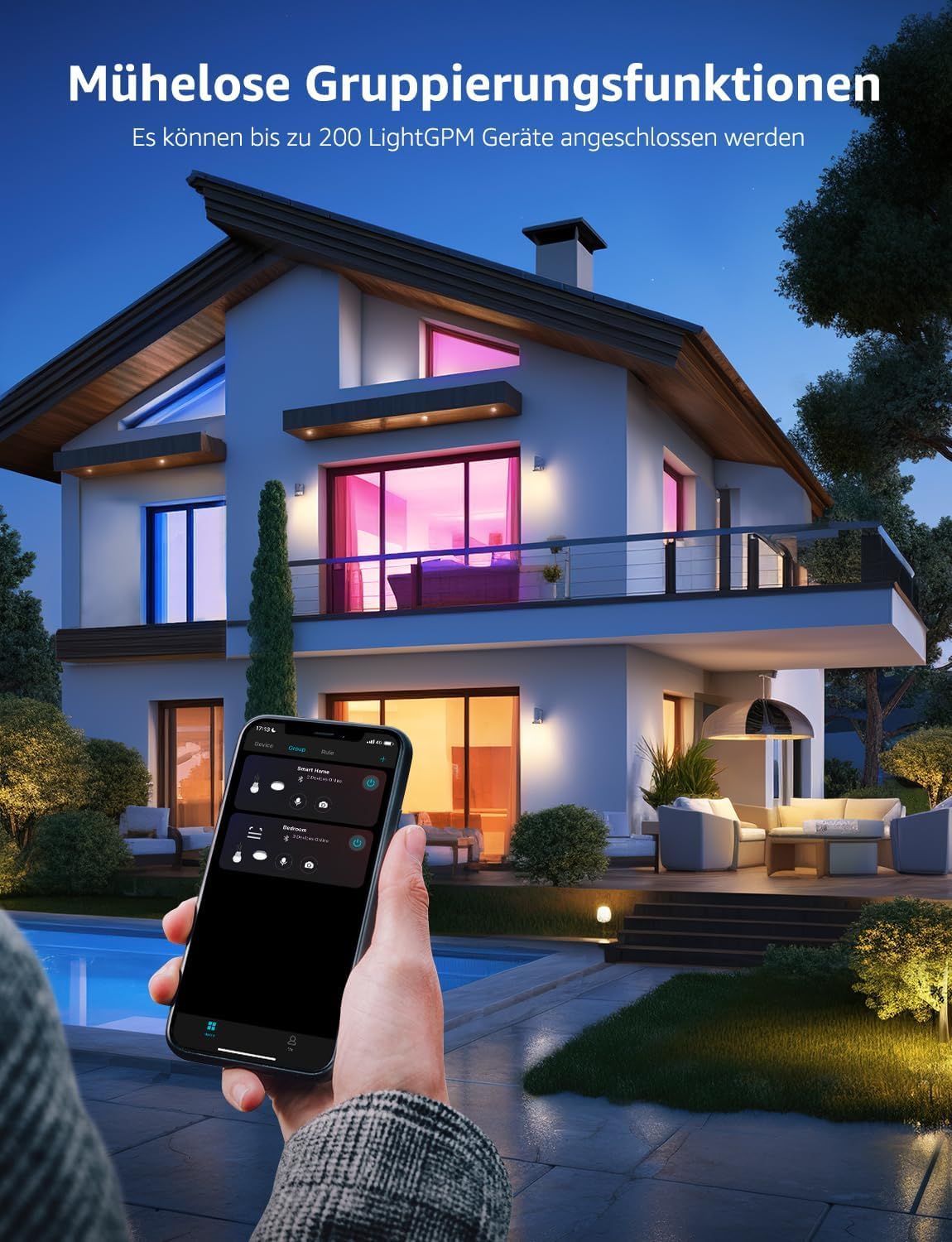 Woman meditating in a room with ambient lighting from the Lepro T1 Smart LED Ceiling Light, controlled by a smartphone app displaying various AI light modes.