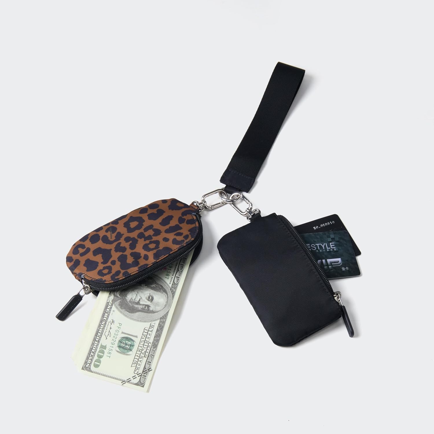 Pander Dual Pouch Wristlet Wallet for Women, RFID Blocking 2-Piece Keychain Coin Purse Set, Detachable Mini Pouch for Car Keys, Gym & Travel, Machine Washable, Midnight Leopard