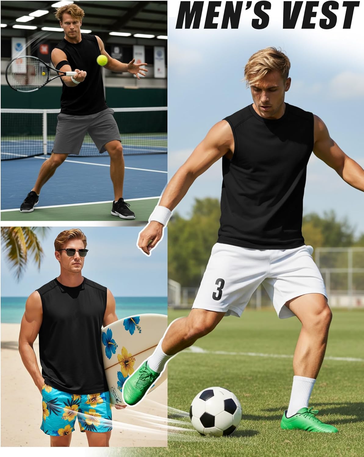 Ficerd 3 Pack Men's Sleeveless Tank Tops, Crewneck Casual Summer Tee Beach T Shirt Workout Run Gym Muscle Shirt - Image 2