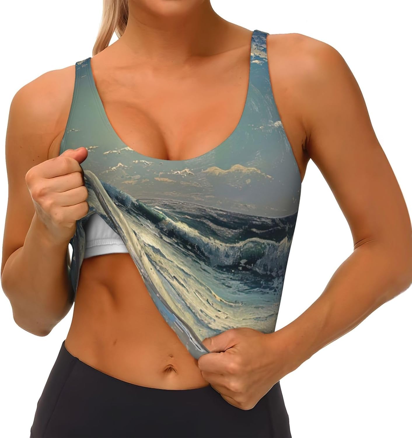 Moon and Sea Print High Impact Sports Bras,Longline Sports Bra,Perfect for Yoga,Running and Gym Workouts