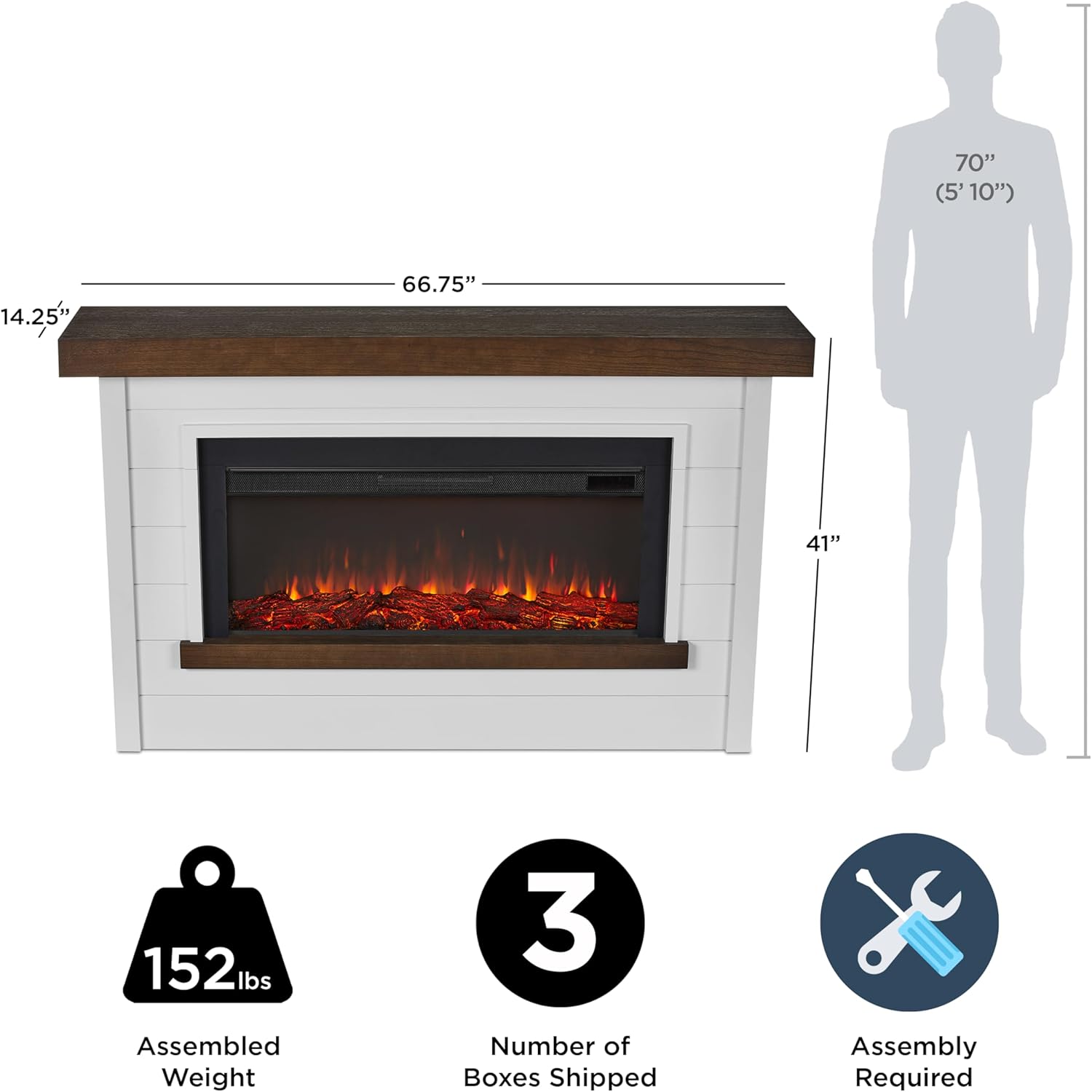 Diagram showing fireplace dimensions, assembled weight, number of boxes, and assembly requirement