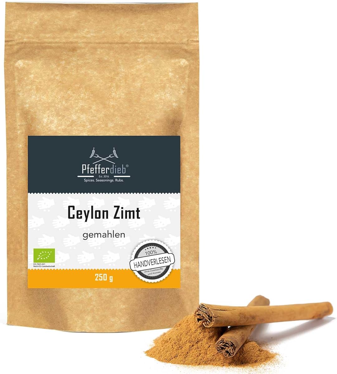 Ceylon Cinnamon Organic, Ground, Raw Food Quality, 100% Real Cinnamon Direct and Fresh Harvest from Sri Lanka, Powder 250 g Pfefferdieb®