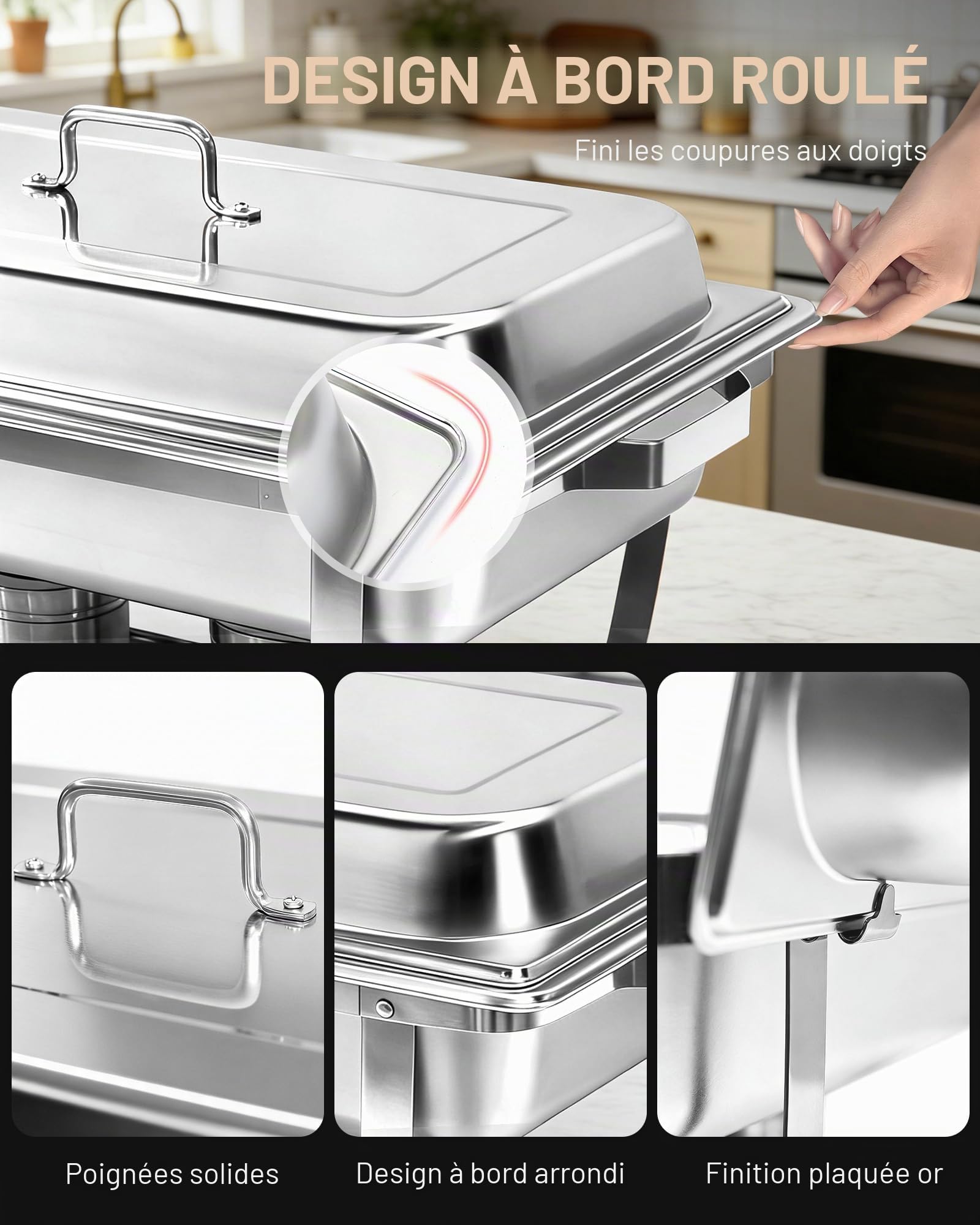 2PCS Chafing Dishes Buffet 9L rectangulaires à Couvercle Roulant, Professionnel Bain Marie [2 bacs Pleine Taille + 4 Demi-bacs] Chauffe Plats pour fêtes, Anniversaires, événements paroissiaux