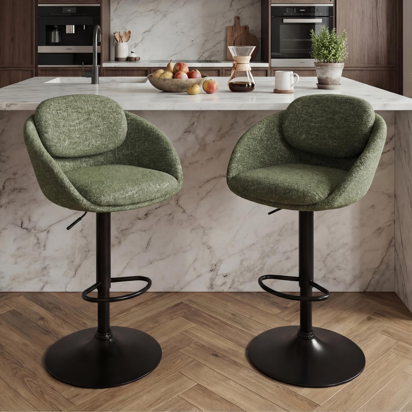 Ya-Home Set of 2 Chenille Swivel Kitchen High Stools with Arms and Adjustable Height, Kitchen High Chairs with Metal Base, Bar Stools for Bar Island/Restaurant,Green