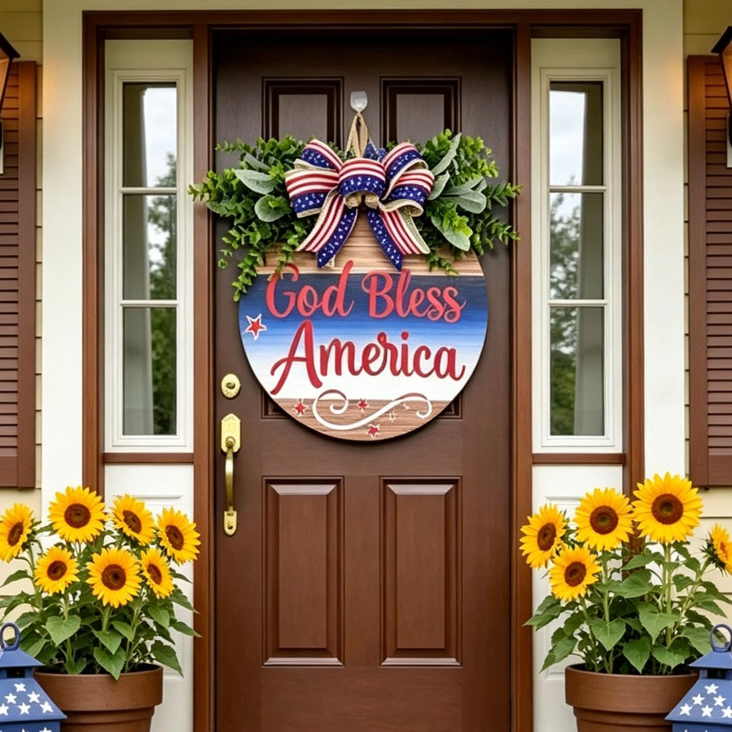 Memorial Day & 4th of July Patriotic Wreath, 12" Wooden Decor with Artificial Flowers, USA 250th Anniversary Sign for Front Door, Garden, Patios, Windows Decor