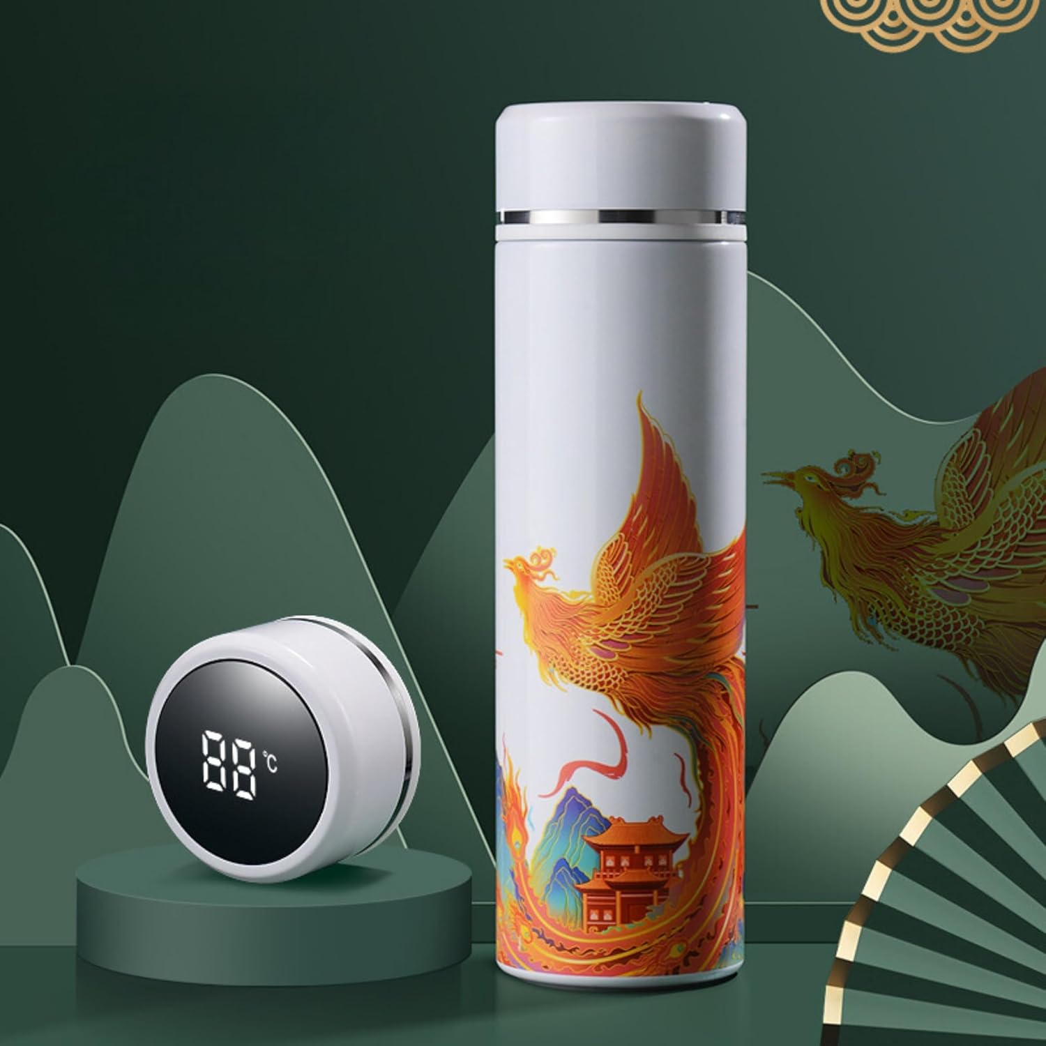 Insulated Coffee Tea Travel Thermos Mug Water Bottle with Removable Strainer and Temperature Featuring Chinese Art Design - 16.9 fl oz (White Phoenix)
