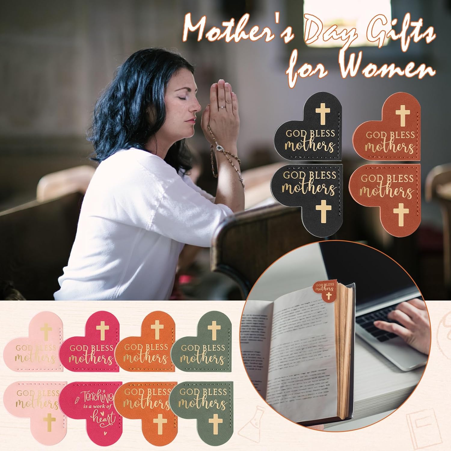 Remuuly 50 Pcs Mother's Day Bookmarks Gifts for Mom PU Leather Magnetic Corner Bookmarks God Bless Mothers Page Corner Clips Christian Reading Lover Gifts for Woman Church Party Favors (Heart)