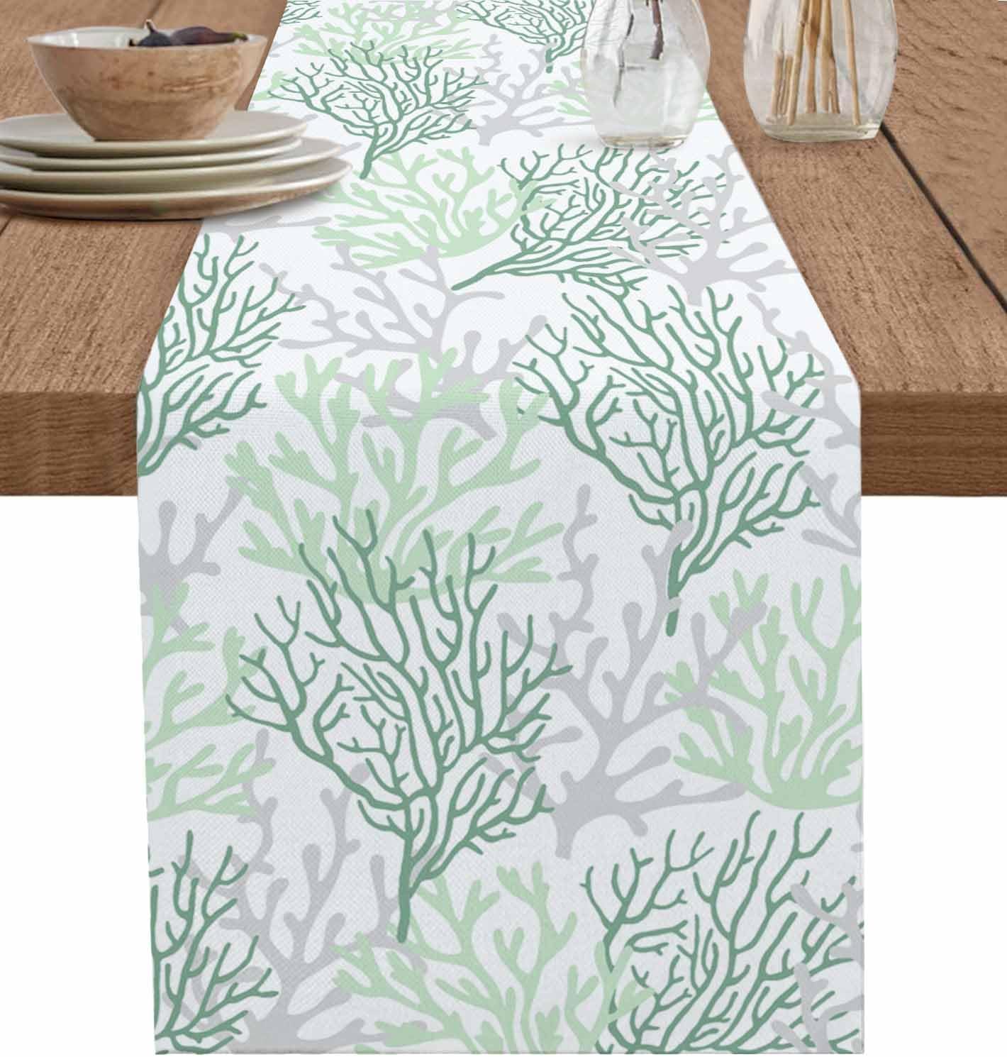Sage Green Coral Coastal Cotton Linen Rectangle Table Runners 18"x72", Summer Beach Seaside Nautical Coffee Table Runner Dresser Scarves Luxury Table Runners for Wedding Party Banquet Dinner Decor