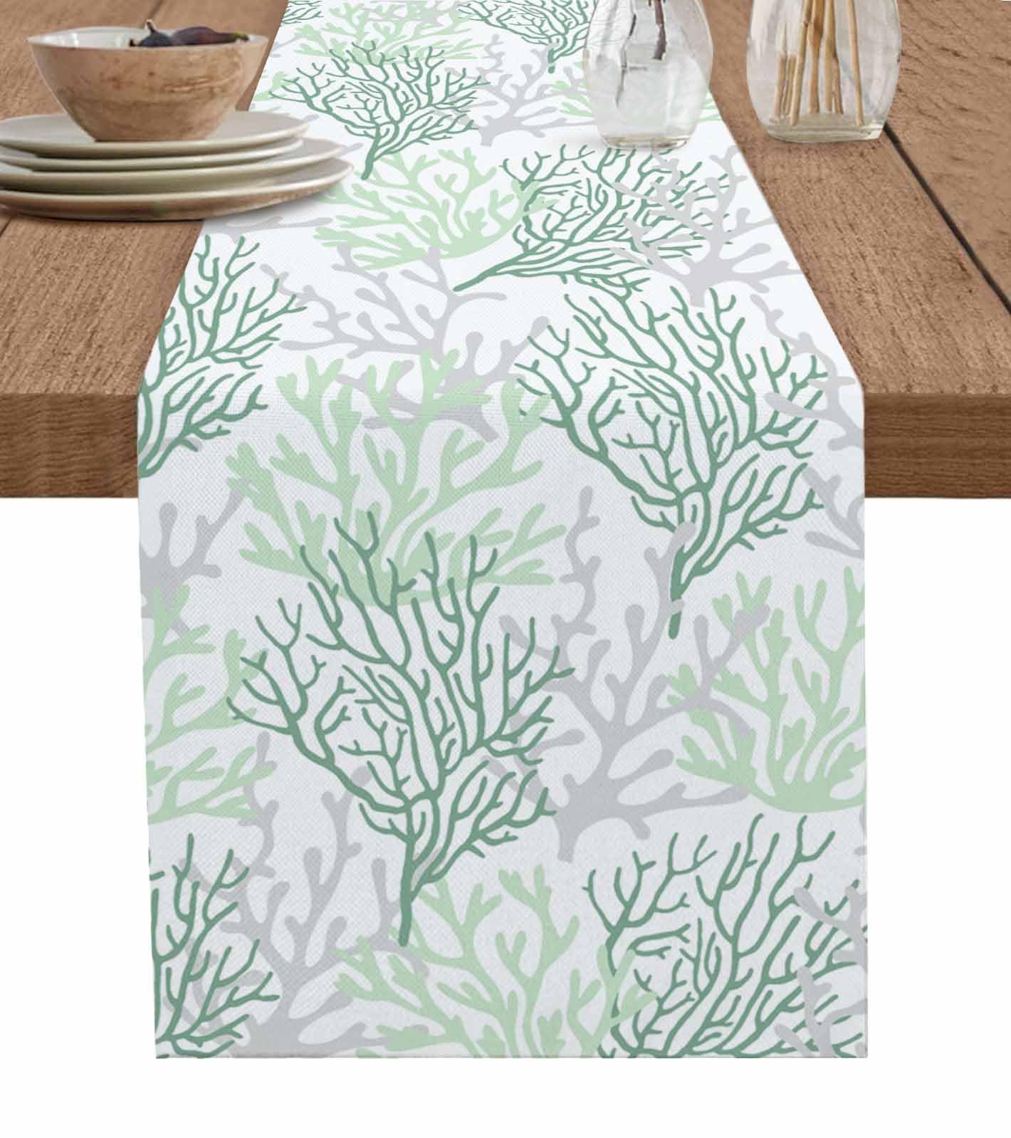 Chemin de table vert sauge en lin rectangulaire pour table basse commode mariage fete ete