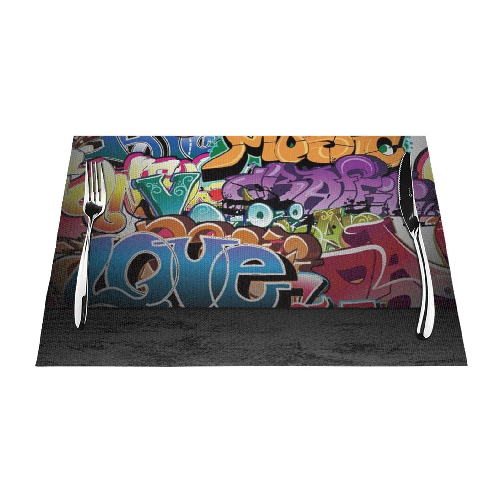PVC Placemat Set of 1 PCS, 45x30 CM, Graffiti Hip Hop Printed Non-Slip Heat Resistant Place Mats for Kitchen Dining Table Indoor Outdoor