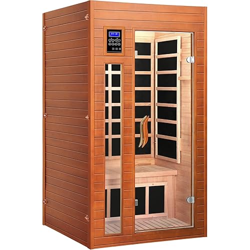 1-2 Person Infrared Sauna, Dry Heat Sauna with Red Light Therapy, Bluetooth, Radio, 7-Color Therapy Light for Home, Indoor, Gym, Wellness Center, 36″ x 36″ x 73″