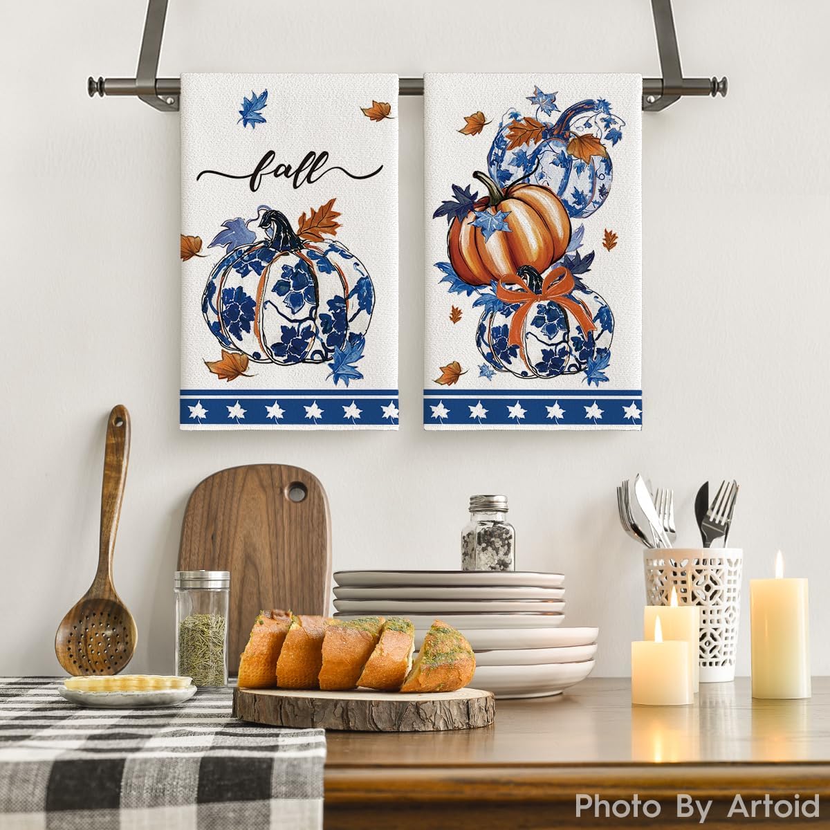 Artoid Mode Blue Pumpkin Fall Kitchen Towels Dish Towels, 18x26 Inch Farmhouse Maple Leaves Autumn Decoration Hand Towels Set of 2 - Image 2