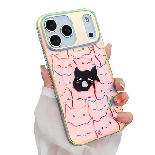 Heaofei Cute Case for iPhone 17 Pro Max Case, Iridescent & Black Cats | Compatible with Magsafe, Colorful Animal Magnetic Protective Phone Cover, Kawaii Cat Pattern Design for Women Girls Boys - 15 Iridescent Line Cats - iPhone 17 Pro Max (6.9 inch)