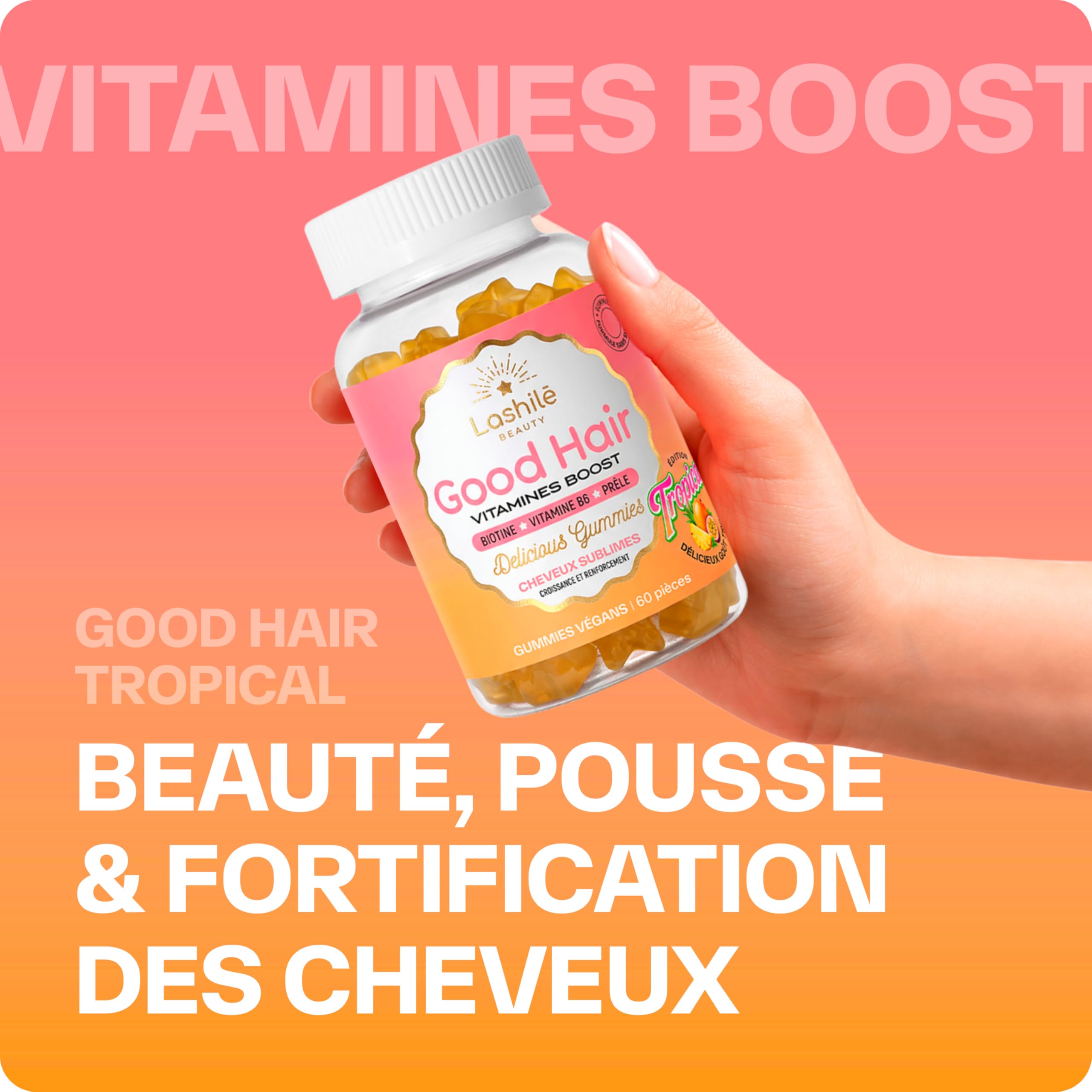 Lashilé Beauty - Gummies cheveux - Pousse accélèrée Croissance & Fortification des cheveux - Complément Alimentaire - Good Hair Summer - Biotine Zinc Vitamine B8 C - Cure 1 Mois 60 Gummies