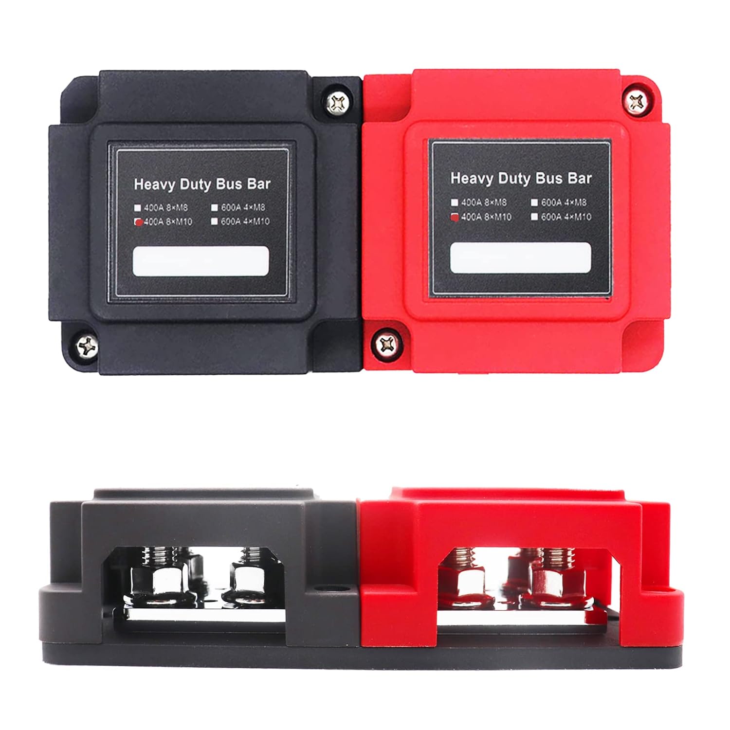 400A Power Distribution Block Bus Bar Pair with Cover Marine Bus Bar, Automotive, and Solar Wiring 8x3/8 M10 Studs Heavy Duty Power