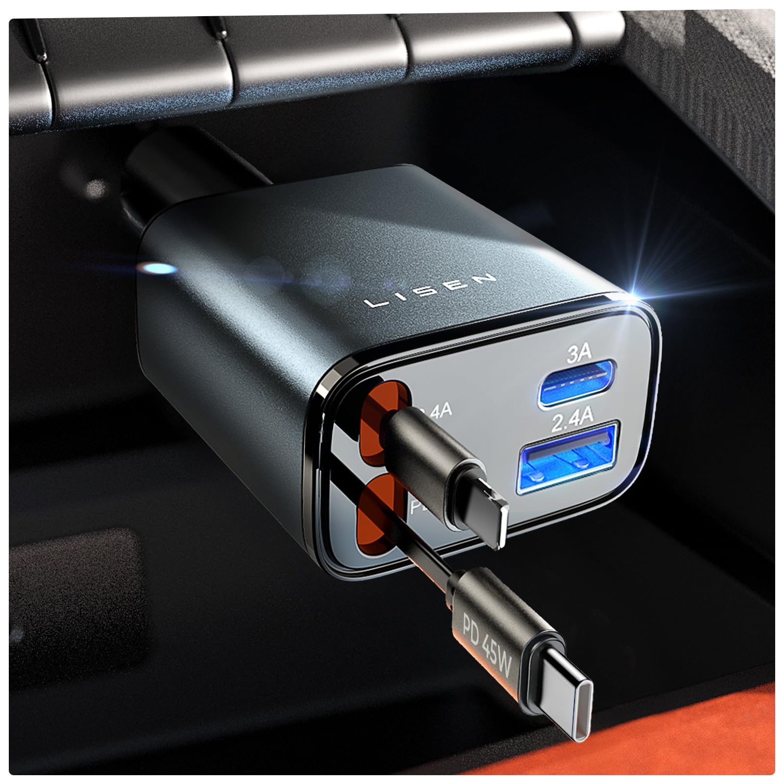 LISEN 4in1車 充電器 巻き取りシガーソケット usb-c しがーソケット usb 急速充電・ハイエース ジムニー アクセサリー・バイクカーチャージャー USB PD3.0/QC3.0/PPS対応・クリスマスプレゼント カー用品 便利グッズ 車内・iPhone 17 16 15 14 13 iPad タブレットSwitch2 Airpods イヤホン 加湿器対応 12V/24V両対応