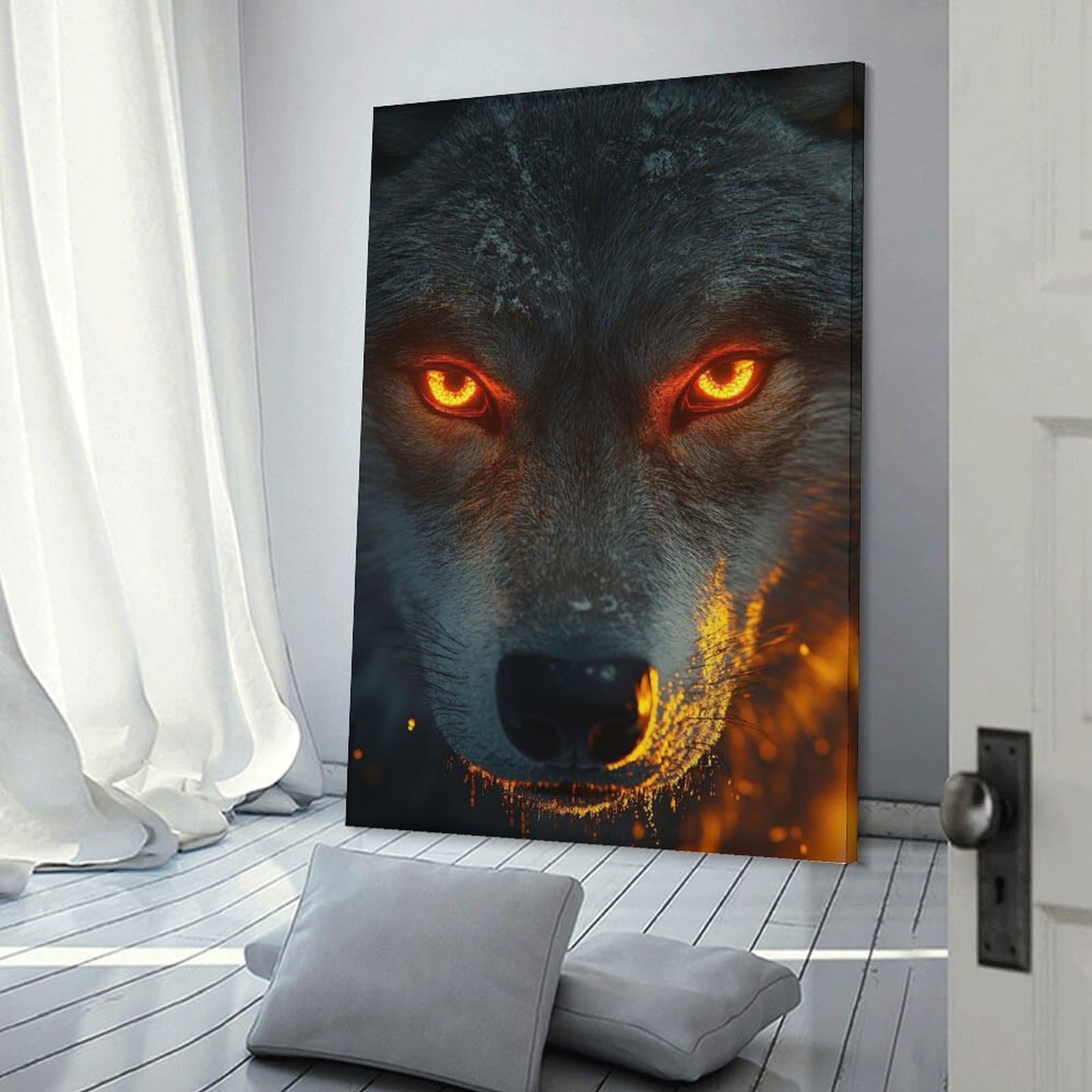 Junmoney Wolf with Glowing Orange Eyes Canvas Art Print 24x36inch(60x90cm), for Bedroom Walls, Guest Spaces Or Lounges, Home Artwork with A Soft Interior Feel