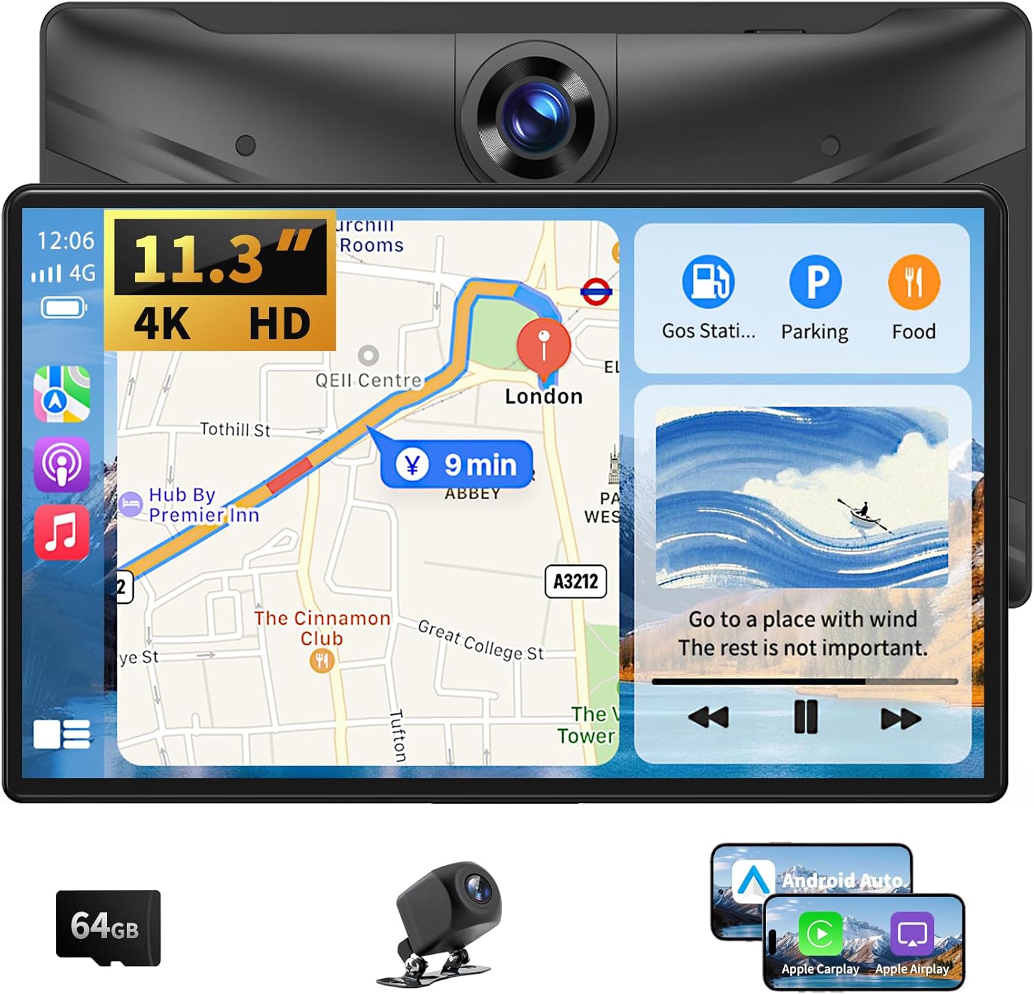 Largest 11.3" Portable Apple Carplay Screen, Wireless Car Play & Android Auto Touch Screen, Car Stereo with App View/4K Dash Cam/Backup Camera/Mirror Link/Voice Control/Music Play/GPS/Bluetooth/FM