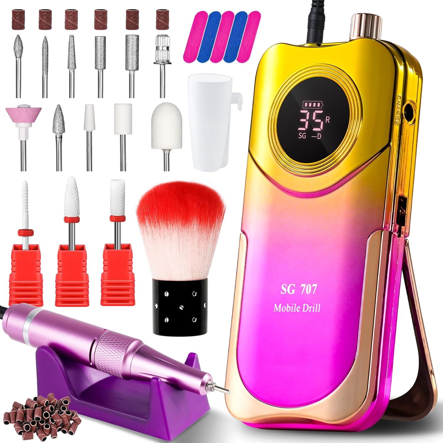 Portable Nail Drill Cordless,35000 RPM Electric Nail File with Holder,Rechargeable Nail Drill E Filer for Nails,Electric Nail Buffer Nail Filer Electric Tool for Women (Gradient Purple Gold) Portable Nail Drill Cordless,35000 RPM Electric Nail File with Holder,Rechargeable Nail Drill E Filer for Nails,Electric Nail Buffer Nail Filer Electric Tool for Women (Gradient Purple Gold)