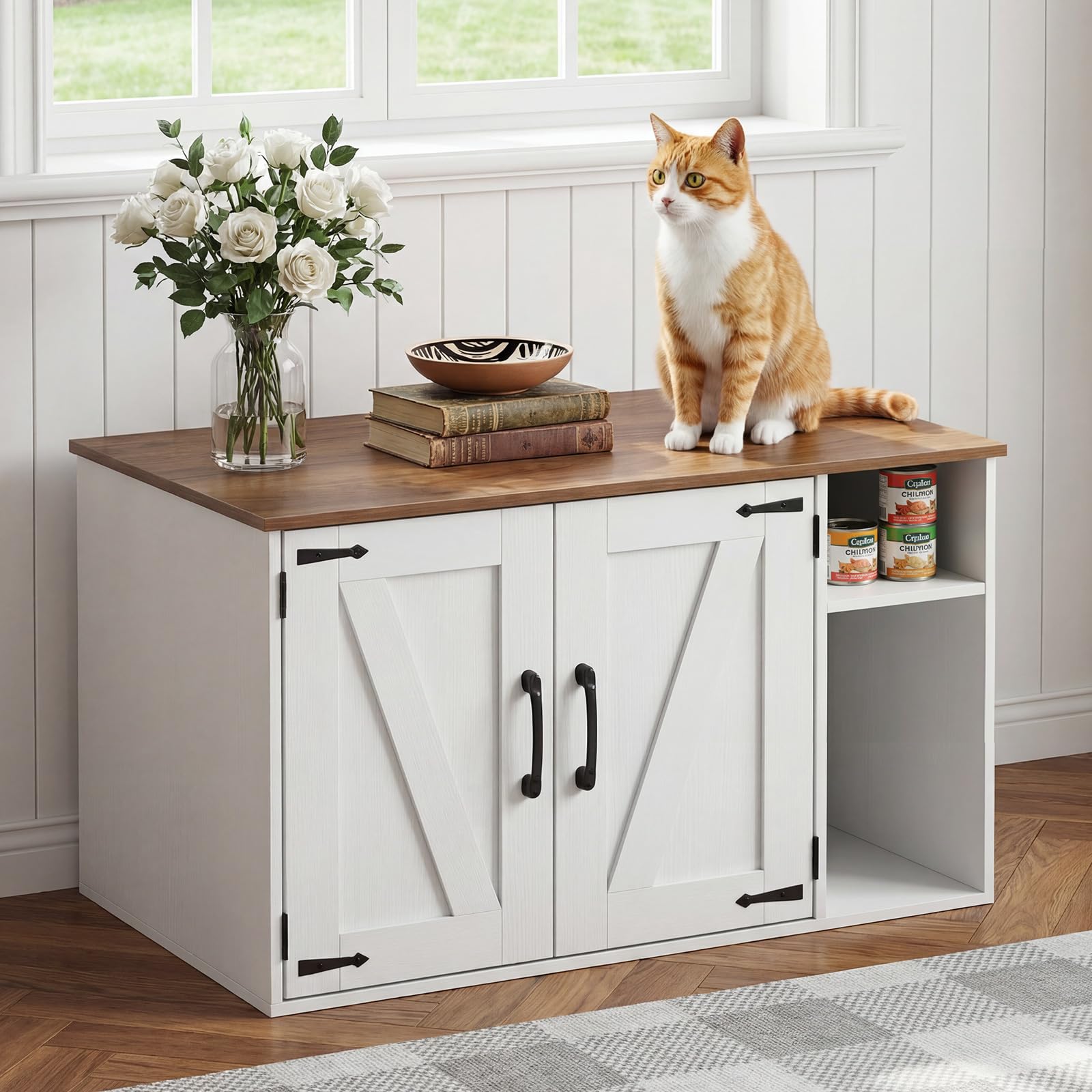 HOOBRO Mueble Arenero para Gatos Estilo Vintage, Caseta para Gatos Oculta, Caja para Mascotas, Mesa Auxiliar Multifuncional, Caja de Arena para Gatos Fácil de Montar, Blanco y Nogal EWH41MW01