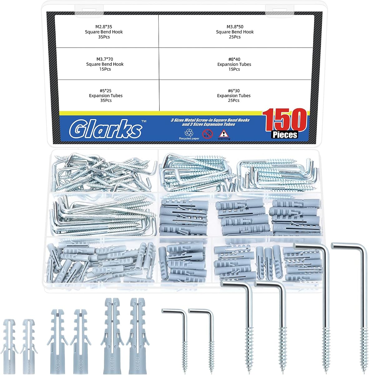 Glarks 150pcs M2.8/3.7/3.8 Silver L Shaped Screw in Hooks with Safety Buckle Kit, Include 75pcs Right-Angle Hook 75pcs Plastic Expansion Tube, Square Bend Self-Tapping Hook for Cup, Lights