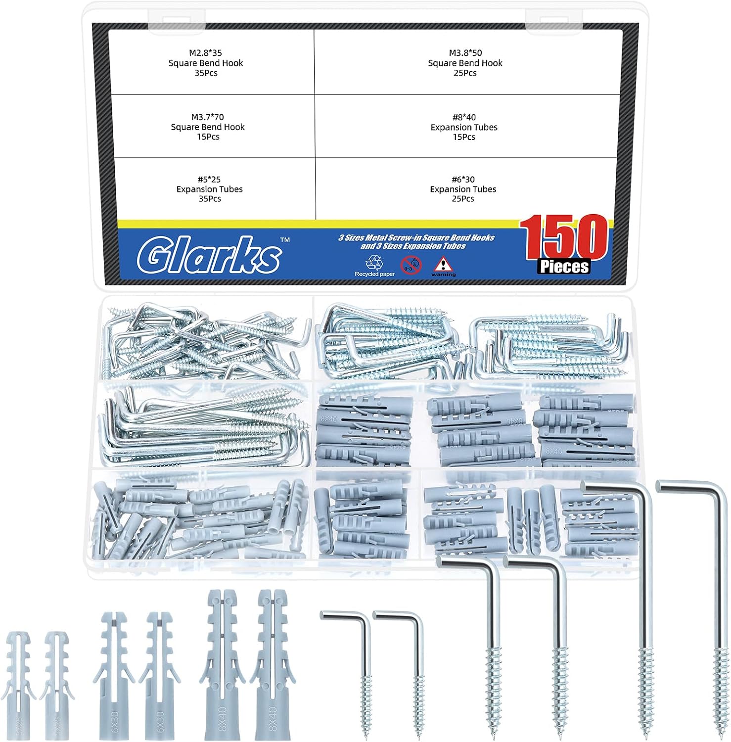 Glarks 125pcs M2.4/M2.5/M2.8/M3.4/M3.7/M3.8/M4.7 Silver L Shaped Screw in Hooks kit, Carbon Steel Right-Angle Hooks, Zinc Plated Square Bend Self-Tapping Hook for Cups,Lights and Utensils