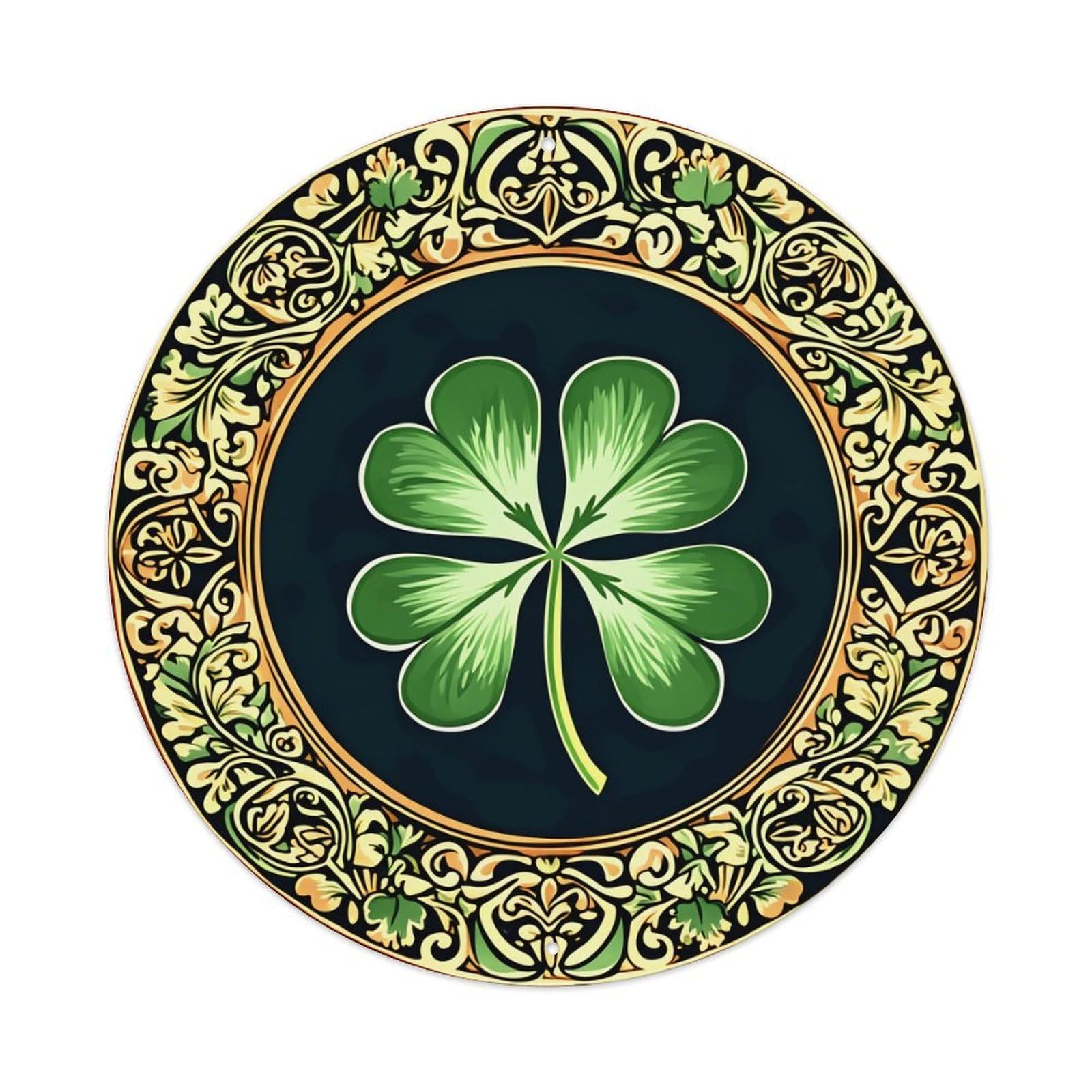 Four Leaf Clover Ornate Round Tin Sign Vintage Metal Poster, Home Bar Garage Man Cave Cafe Indoor & Outdoor Wall Decoration 8x8Inches