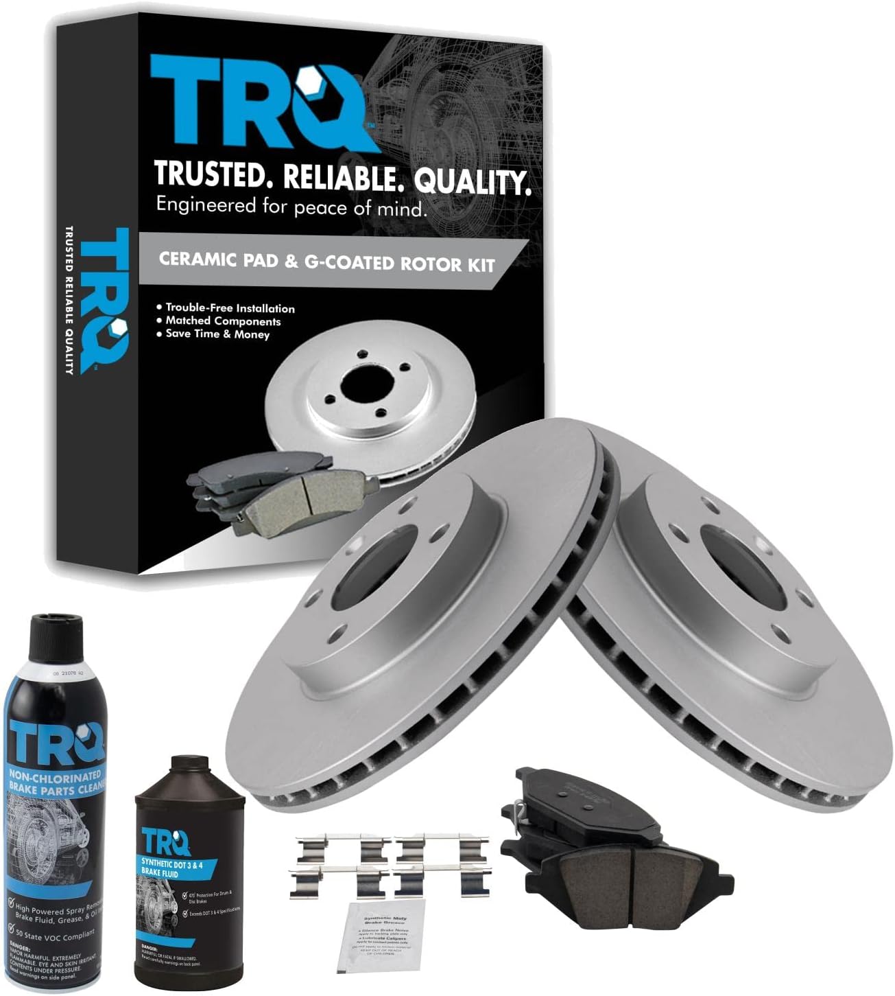 TRQ Front Brake Pad & Rotor Kit Brake Chemical Kit Brake Pads Brake Rotor Ceramic Premium G-Coated Compatible with 2016-2018 Chevrolet Spark