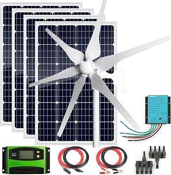 12 Volts 880 Watts Solar Panel Wind Turbine Hybrid System Kit4pcs 120W Glass Monocrystalline Solar Panel +400W Wind Turbine Generator+Accessories