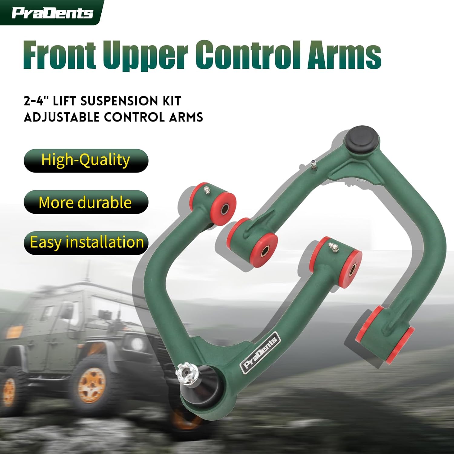 Front Upper Control Arms for 2007-2021 Toyota Tundra, 2008-2022 Toyota Sequoia, 2-4" Lift Suspension Tubular Arms with Ball Joint, Replacement OEM Factory Suspension Arms, Wrinkle Green