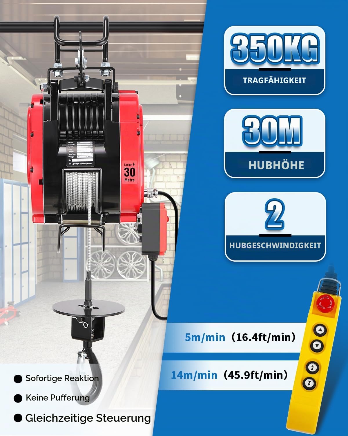 NEWTRY Elektrische Seilwinde 350KG 30M, bürstenloser Motor 1500W | plus 2 Geschwindigkeiten wählbar, kabelgebundene und kabellose Fernbedienungen mit Schutzfunktionen verfügbar