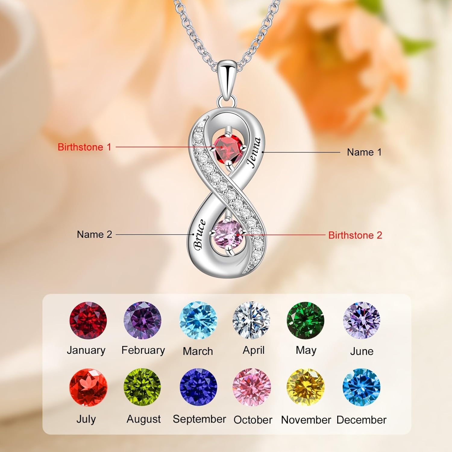 MissNaNa Personalized Infinity Necklace with 2-5 Birthstones, Custom Birthstone Necklace Gifts for Wife Mom, Infinity Love Pendant Jewelry for Women Christmas Birthday
