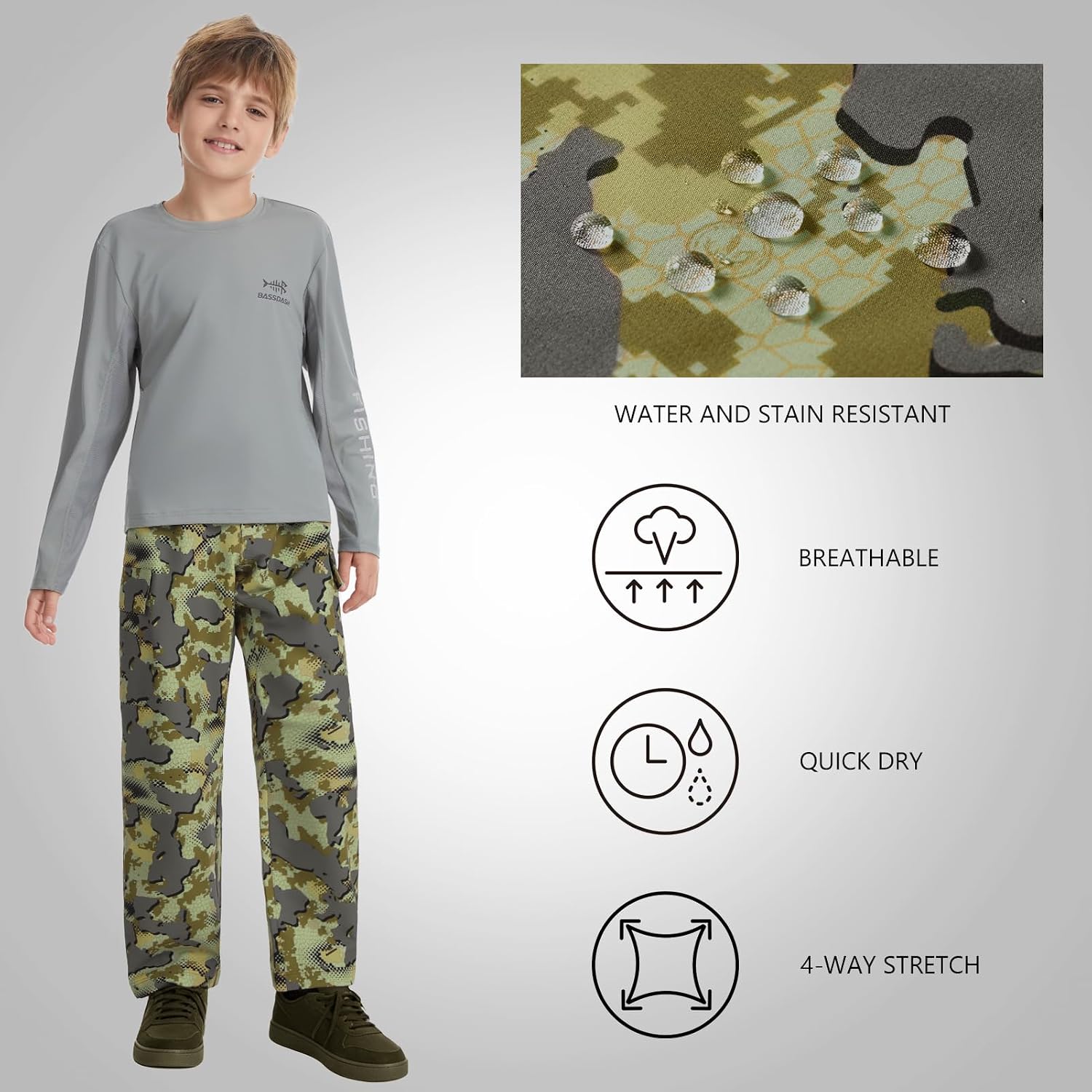 BASSDASH Invis Kid’s Youth Stretch Hunting Pants Water Resistant Breathable Camo Cargo Fishing Pant image 4