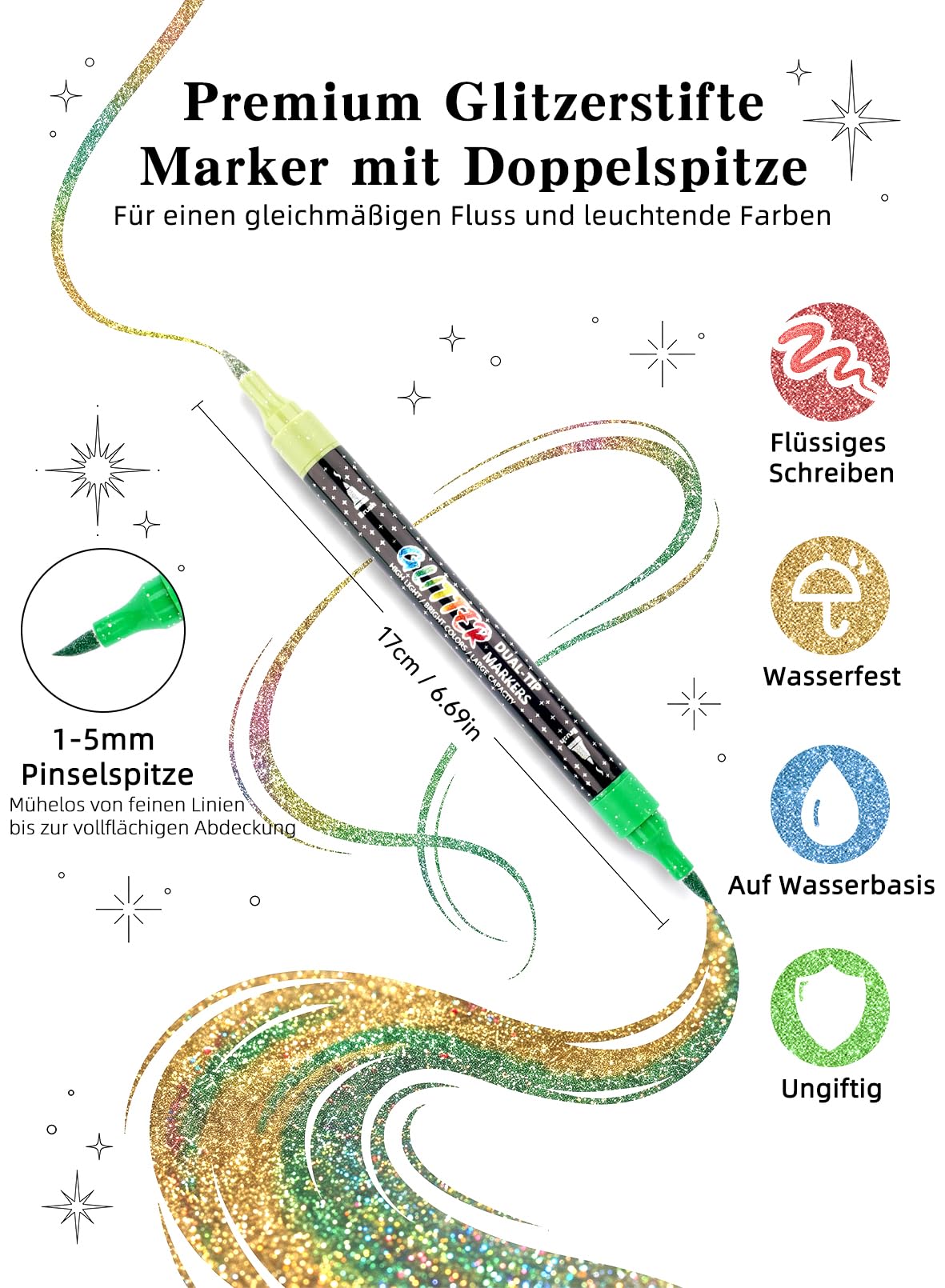 AEDAGA 60 Pack Glitzerstifte Doppelspitze, 120 Farben Glitzer Filzstifte