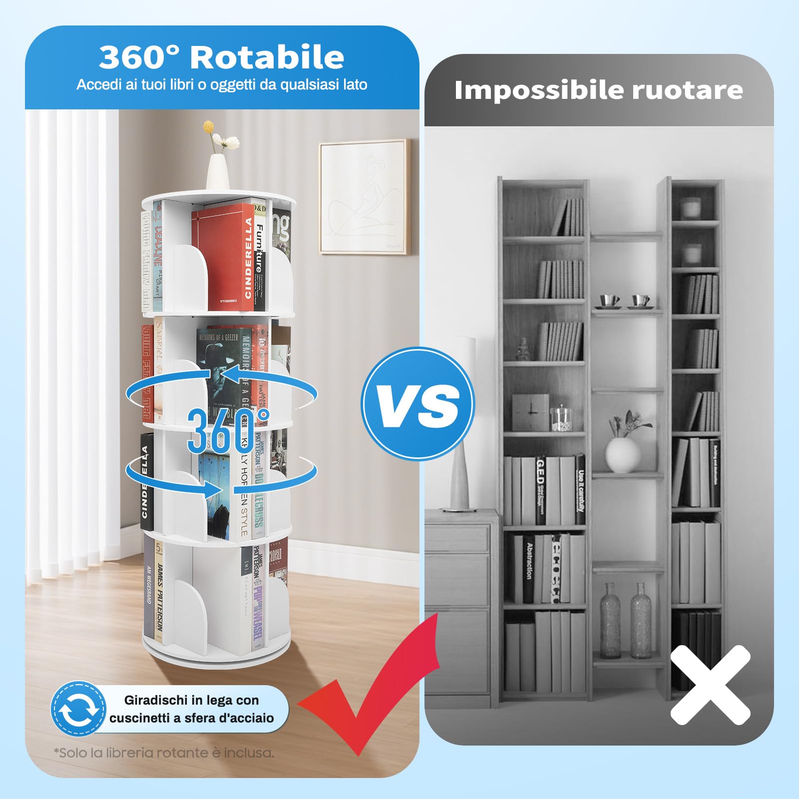 Libreria girevole a 4 ripiani, scaffale girevole a 360°, con 16 scomparti, portata 60 kg, materiale in PVC e antiribaltamento, scaffale salvaspazio per libri, giocattoli, decorazione, con tovaglia
