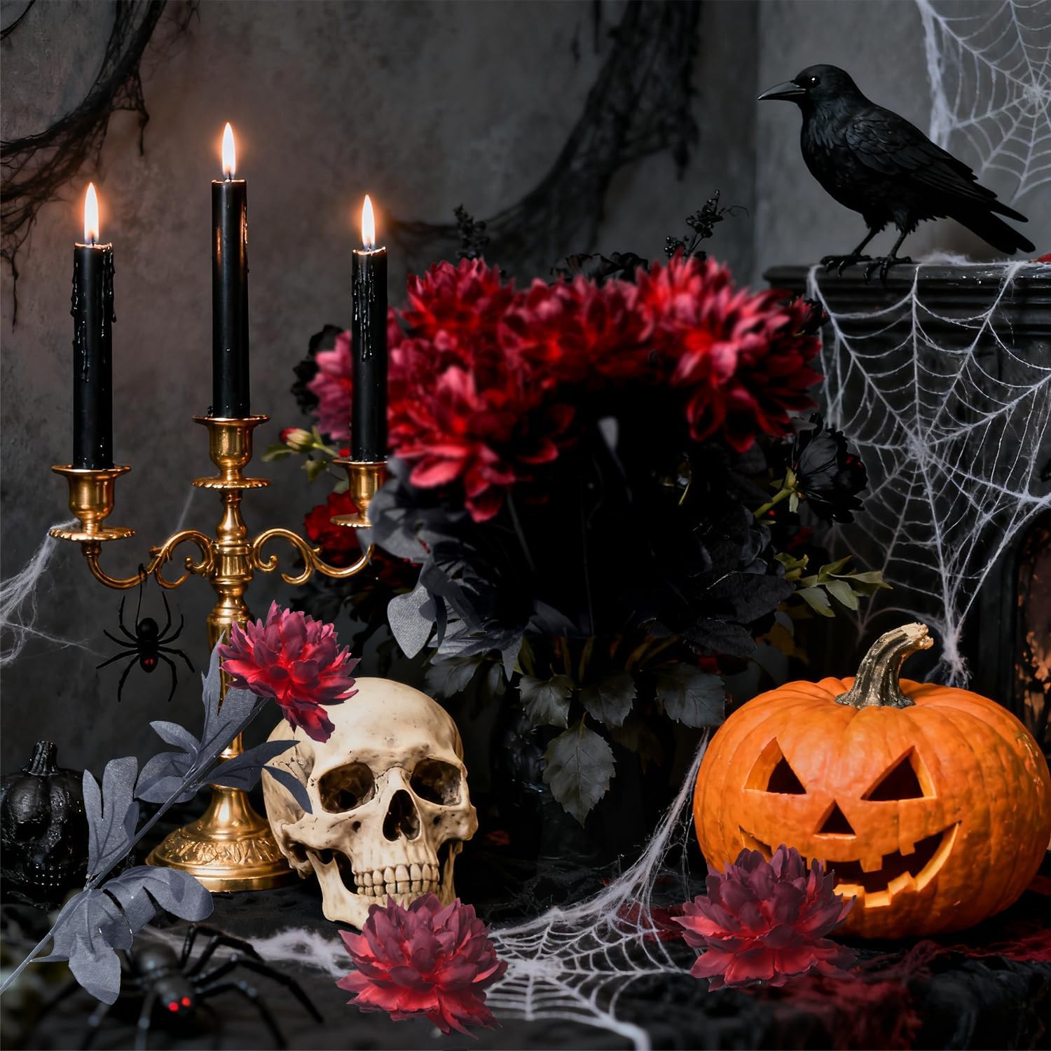 Artificial Dahlia Flowers, 12 Pack Burgundy Gothic Dead Flowers with Long Stems, Dark Red Silk Flower for Halloween Wedding Decor, Spooky Centerpieces, Halloween Floral Arrangements (12, Burgundy) - Image 2