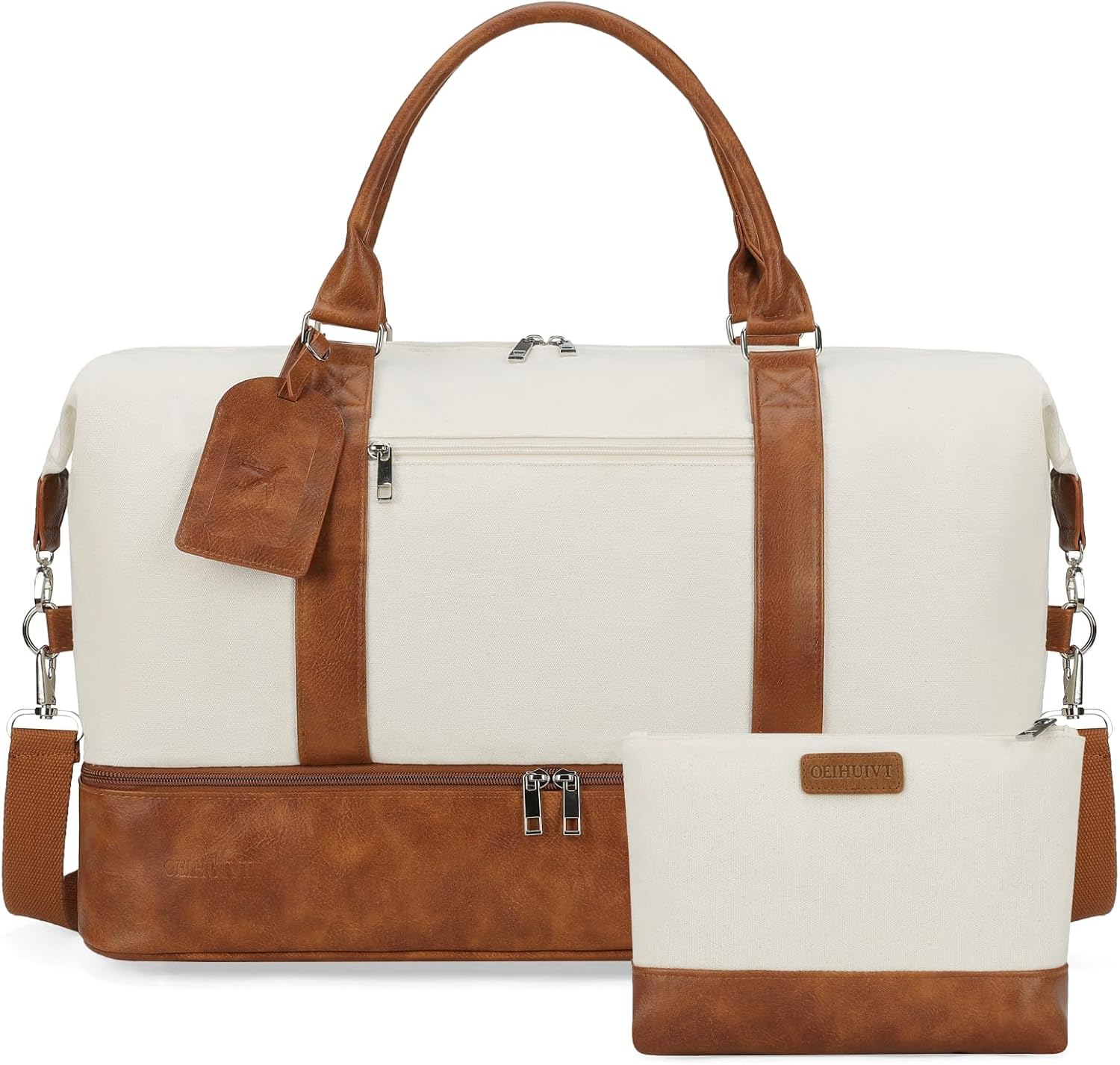 Oeihuivt Weekender Bags for Women - 21 Inch Large Travel Duffel Bag 2-Piece Set with Shoe Compartment, Heavy-Duty Canvas Leather Carry On Overnight Tote