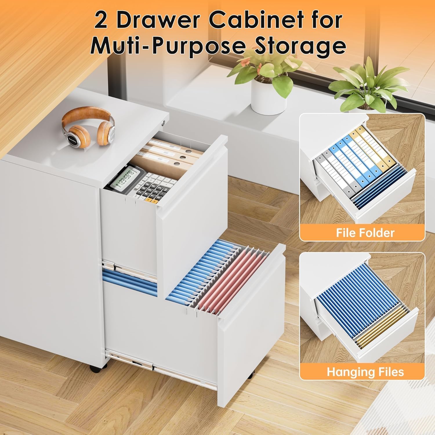 2 Drawer Mobile File Cabinet, Metal Rolling Filing Cabinet with Lock for Home Office, Under Desk Small Cabinet with Wheels Fit A4/ Legal/Letter, White