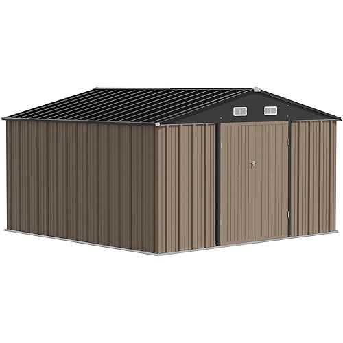 JUMMICO 10x10 FT Metal Outdoor Storage Shed,Waterproof Garden Tool Shed Storage House with Lockable Door for Backyard Patio Lawn, Brown