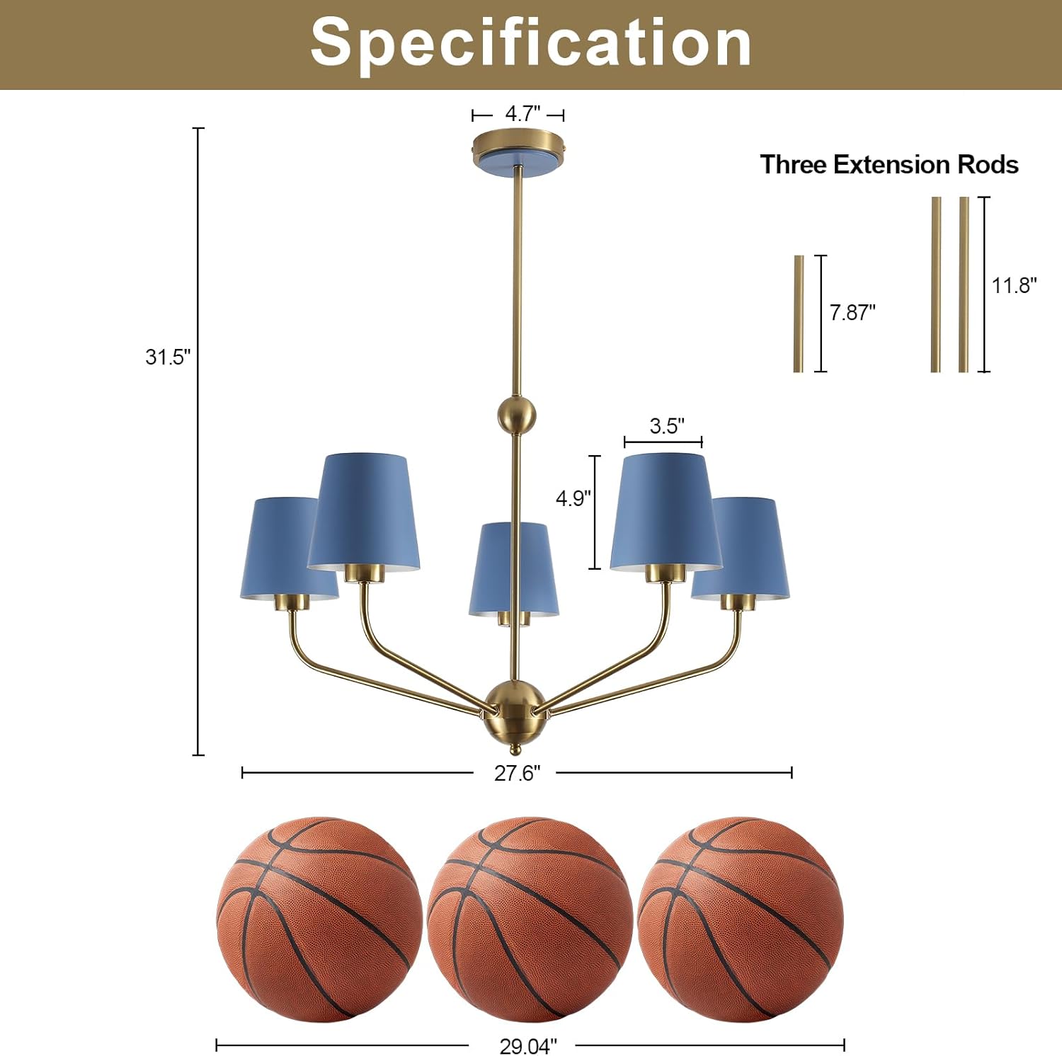 Modern Gold 5-Lights Chandelier, 27" Dining Room Light Fixture with Blue Metal Shade, Adjustable Farmhouse Brass Pendant Light Hanging Lamp for Kitchen Living Room Bedroom Entryway Foyer