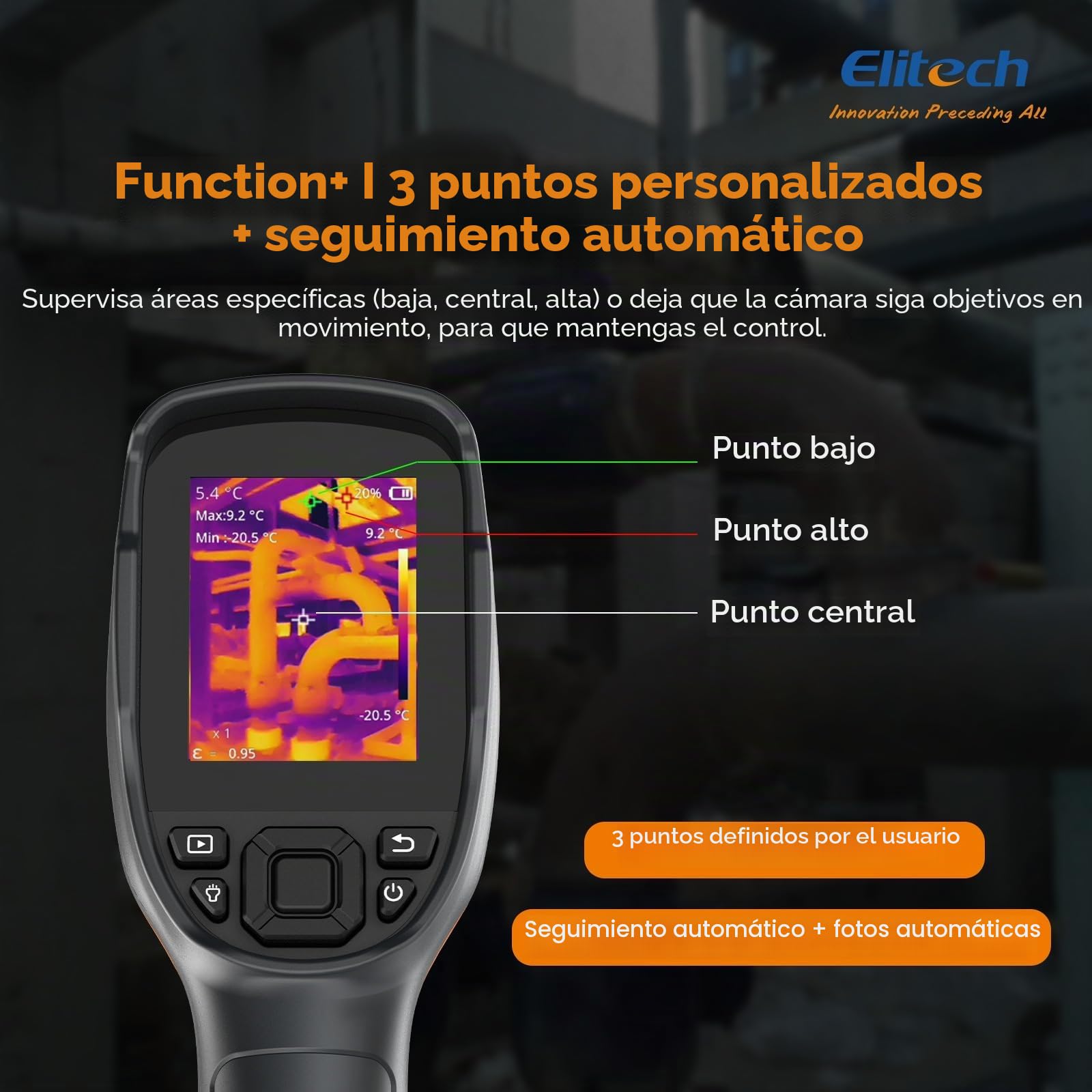 Elitech Cámara Térmica, Resolución IR 256×192, Cámara Visible 2MP, Pantalla LCD de 3,5", Grabación de Vídeo en Tiempo real, Carga USB-C, IP54 para Inspección Eléctrica, HVAC y Construcción TIC-210