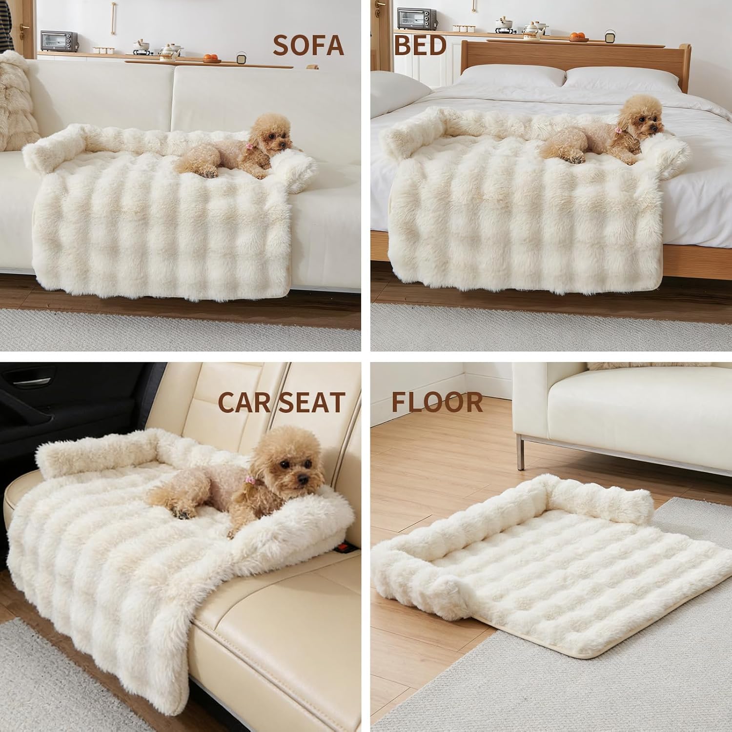 Luxurious Cozy Dog Couch Bed, Washable Removable Calming Pet Sofa Cover, Fluffy Plush Dog Mat for Furniture Protector and Car (Light Brown)