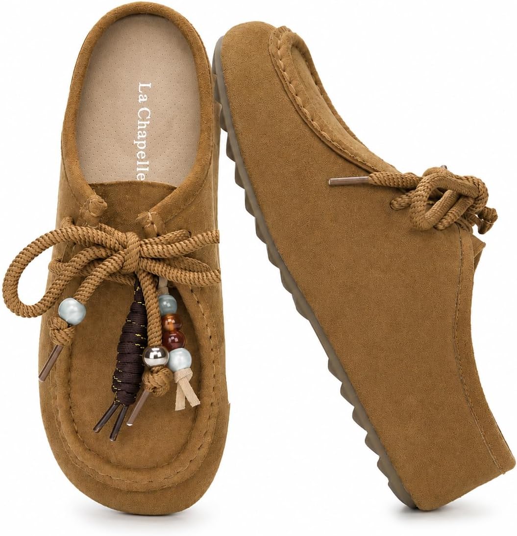 La Chapelle Women's Moccasin Mules 5cm Hidden Wedge Backless Slip-On Platform Casual Loafers with Detachable Beaded