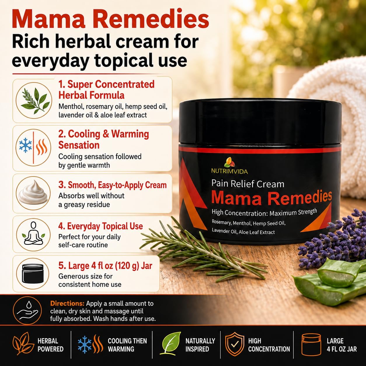 Nutrimivida Menthol Topical Cream – Cooling & Warming Sensation for Muscles & Joints | Rosemary, Hemp Seed, Lavender & Aloe | Non-Greasy | 4 oz Jar