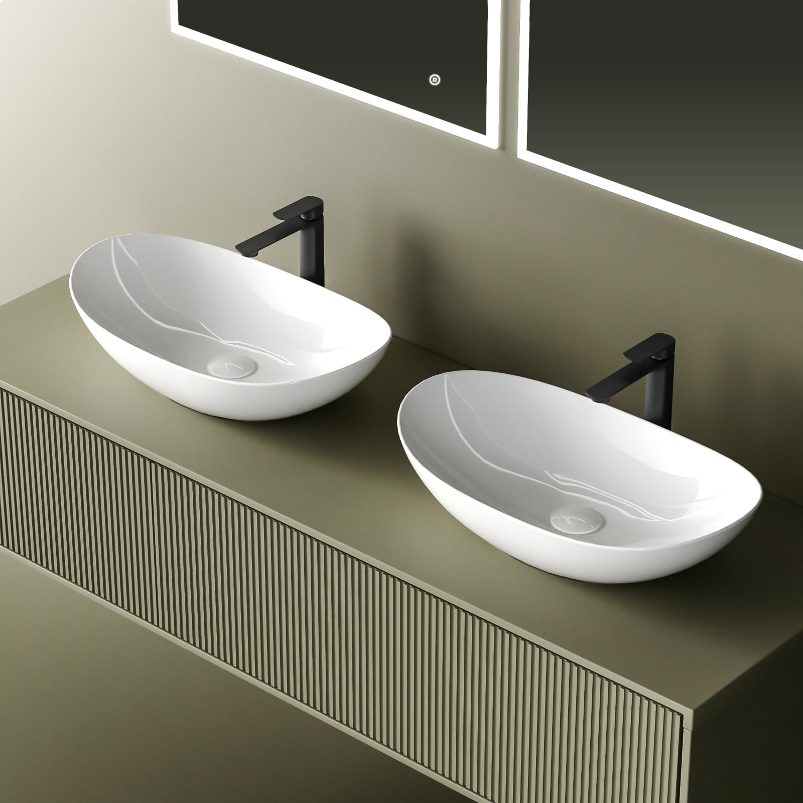 EMKE Lavabo para montar 615 x 360 x 155 mm,Blanco Brillante | Lavabo ovalado de cerámica para baño, instalación sobre encimera, lavabo para baño y WC de invitados