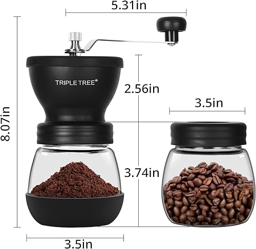 Miniatura 2 de Molinillo de café manual con rebabas de cerámica y mango de acero inoxidable alargado, molinillo de café de mano con 2 frascos de vidrio (11 onzas