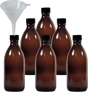 mikken - 6 flaconi medici marroni da 200 ml, per farmacia, da laboratorio, made in Germany e senza BPA, con imbuto, vetro, 6 pezzi