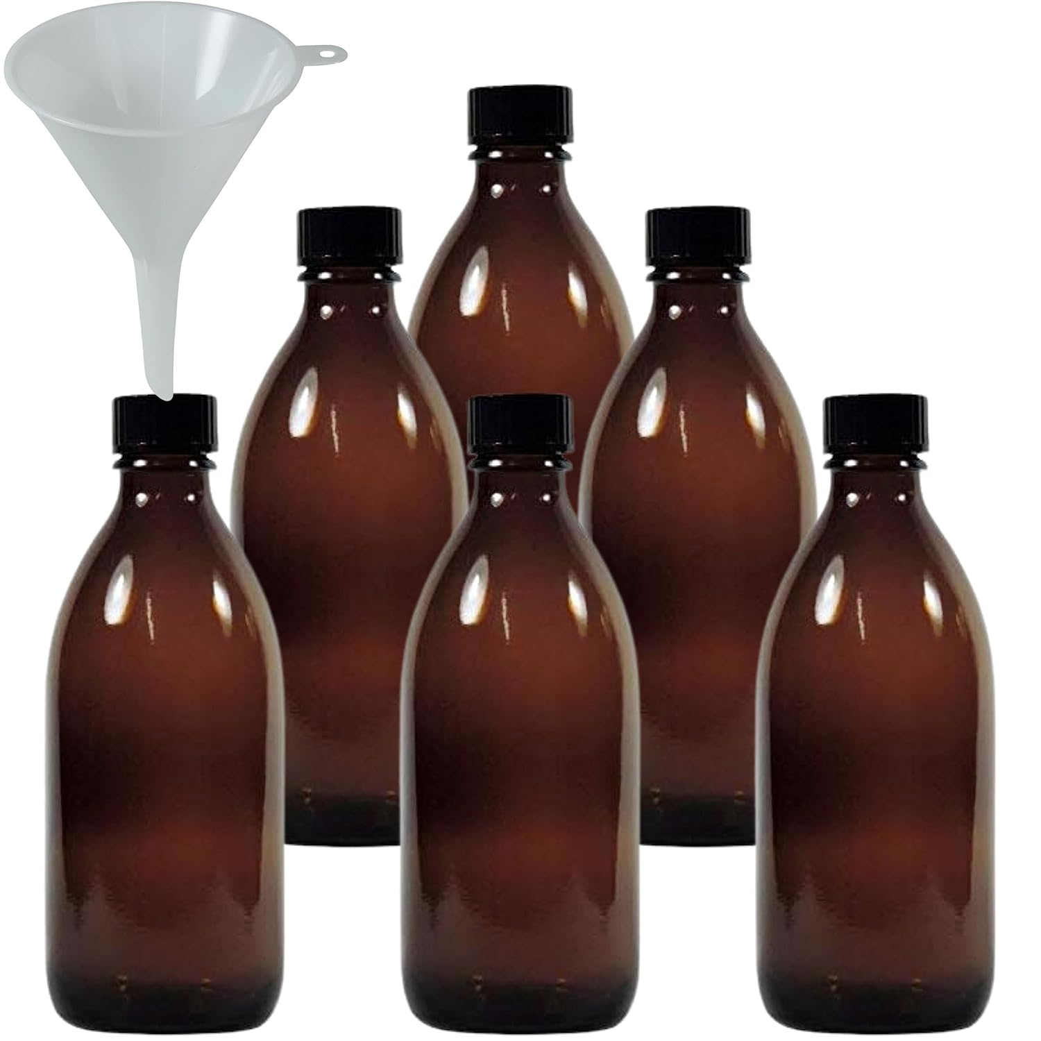 6 x brown medicine bottles, 200 ml, pharmacy bottle, laboratory bottle, made in Germany and BPA-free, including filling funnel, glass, 6 x